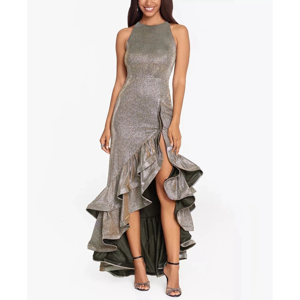 New $299 Betsy & Adam Jewel Sleeveless Galaxy Glitter Gown Blackā Copper Size 8